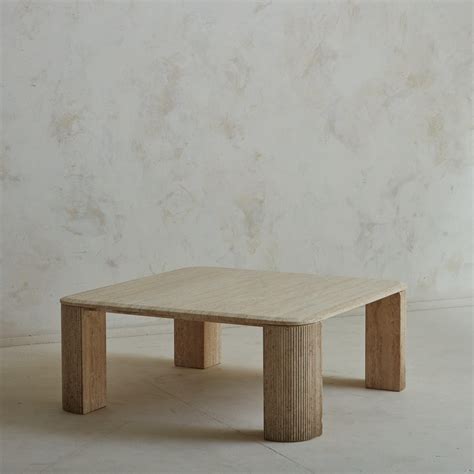 Square Travertine Coffee Table with Fluted Legs, Italy 20th Century at