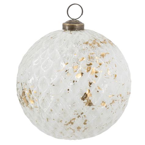 Grote glazen kerstbal wit goud met reliëf boho decoratie nl