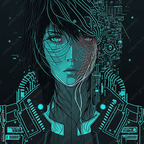 Cyberpunk Girl With Aqua Computer Schematics Behind Her And On Her Face Digital Art Anime