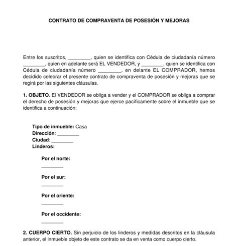 Contrato De Compraventa De Posesión Y Mejoras Modelo