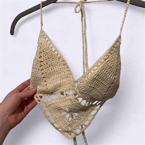 Cream Crochet Bikini Top With Tie Back Crochetbikini Depop