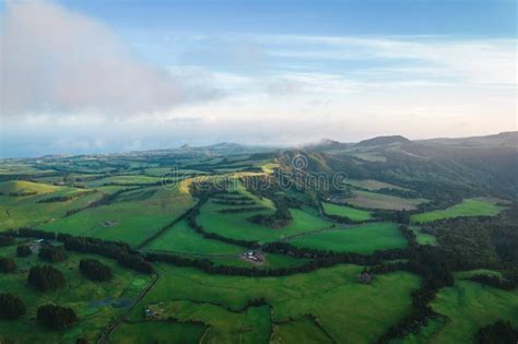 Aerial View Of The Landscapes On Sao Miguel Island Green Farmland And