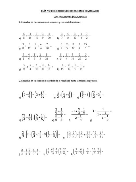 GuÍa N°2 De Ejercicios De Operaciones Combinadosfracciones