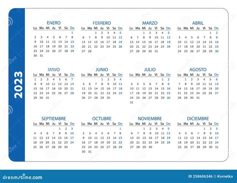 Calendario De Bolsillo En Español 2023 Horizontal Azul Ilustración del