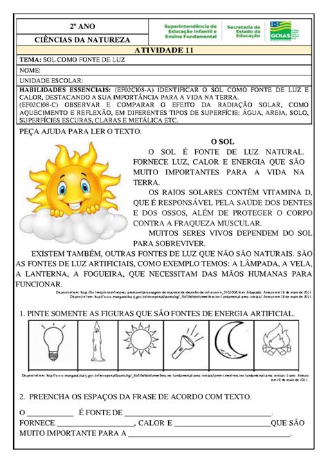 Atividade 11 - 3º Ano - Ciências: O Sol como Fonte de Luz - Studocu