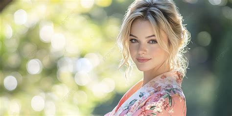 A Beautiful Woman With Blonde Hair Wearing Pink Floral Kimono Bokeh Background Beautiful Woman