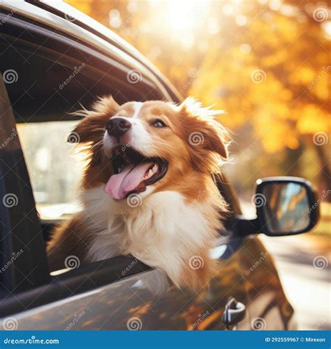 Dog Looks Out Car Window Sunset. Concept Animal Travel Road Trip Stock