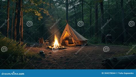 Outdoor Camping in Forest with Fire Pit and Tent. Stock Photo - Image ...