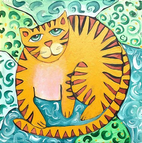 Yellow Cat Art Painting Original Art Modern Folk Gatos Cuadros