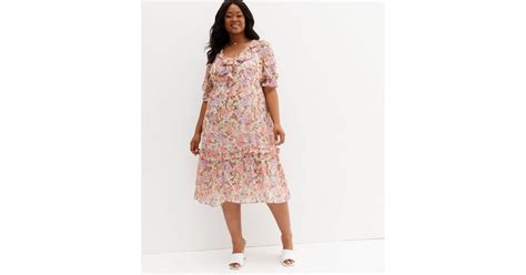 Curves White Floral Chiffon Ruffle Midi Dress New Look