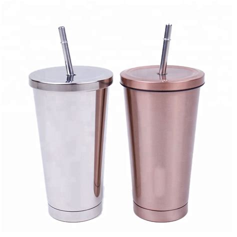 New Custom Logo Pink Sliver Couple Coffee Cup With Straw Stainless ...