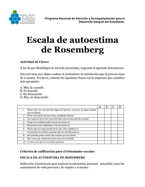 Escala De Autoestima De Rosenberg Programa Nacional De Atenci N Y