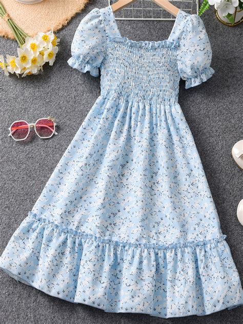 Girls Ditsy Floral Shirred Bodice Puff Sleeve Ruffle Hem Dress Artofit