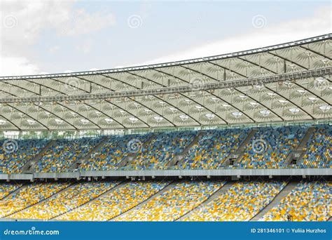 Soccer Stadium Inside View. Football Field, Empty Stands, a Crowd of ...