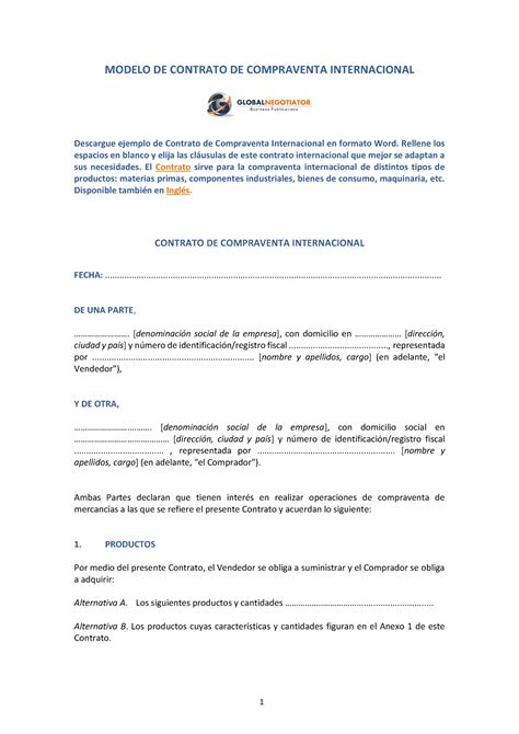 Modelo Contrato Compraventa Internacional Ejemplo MODELO DE CONTRATO