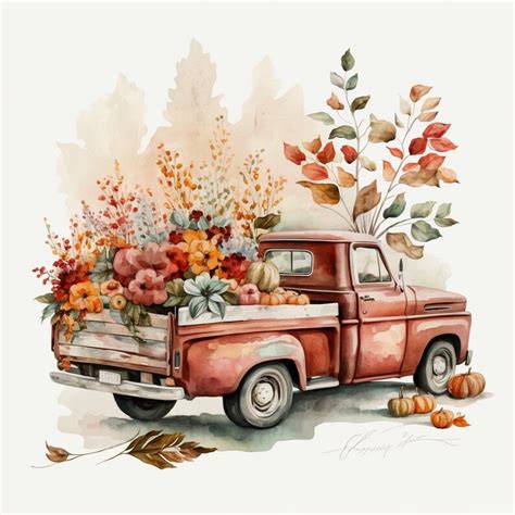 6 Retro Trucks With Flowers Clipart PNG Digital Paper Crafting Digital