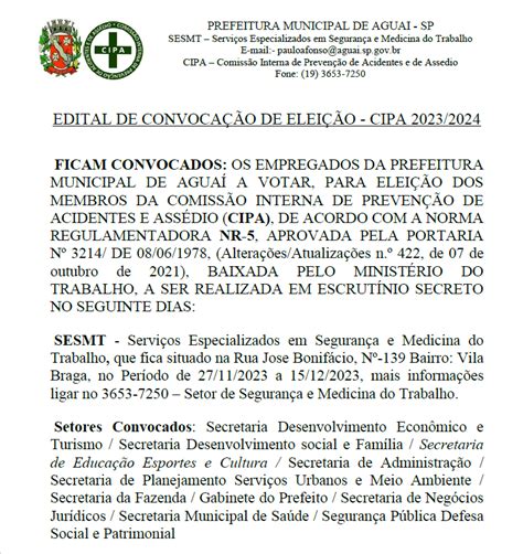 Edital de convocação de eleição CIPA 2023 2024 Prefeitura Municipal