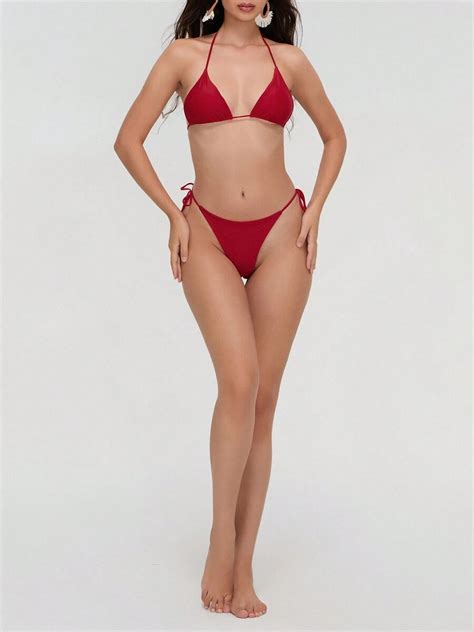 Women 2PCS Bikini Set Solid Color Wire Free Padded Halter Straps Bra High Waist Triangle Panty