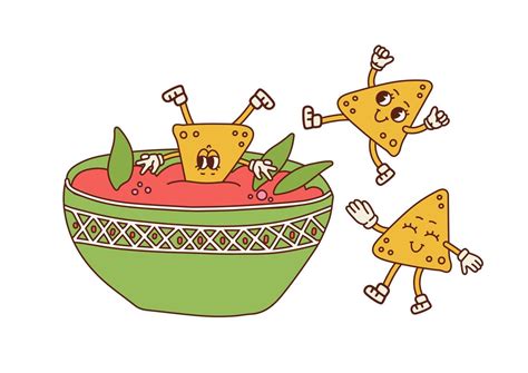 Nachos retro cartoon characters having fun. Nacho dip in bowl. Nacho mascot design. Chilli dip ...