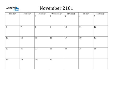 November 2101 Calendar (PDF Word Excel)