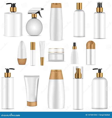 White Cosmetics Bottle Set Gold Top Realistic 3d Stock Vector