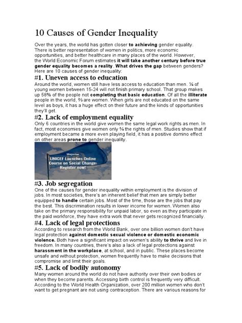 10 Causes Of Gender Inequality 1 Uneven Access To Education Pdf