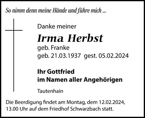 Traueranzeigen Von Irma Herbst Trauer Anzeigen De