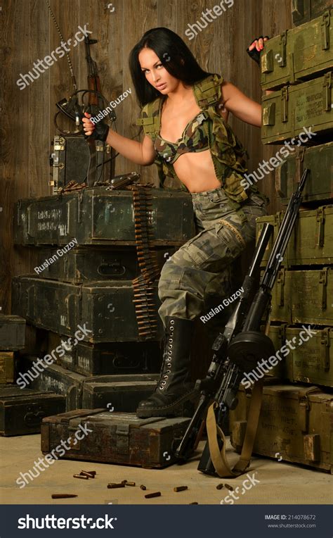 Beautiful Sexy Brunette Woman Gun His Stock Photo Shutterstock