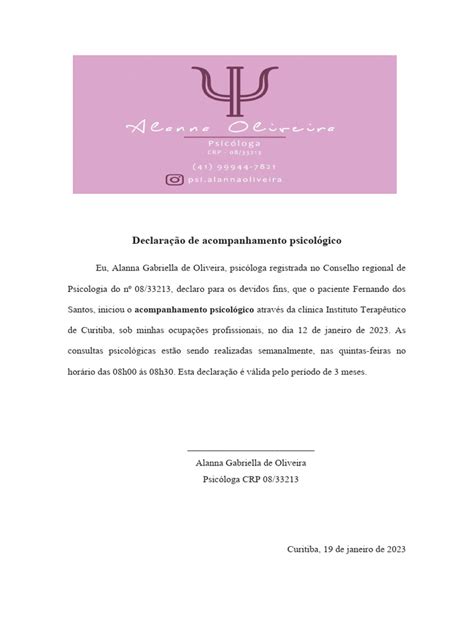 Declaração De Acompanhamento Psicológico Pdf