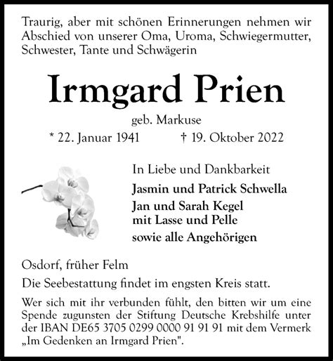 Traueranzeigen Von Irmgard Prien Trauer Anzeigen De