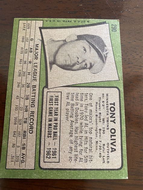 1971 Topps Baseball Tony Oliva Minnesota Twins 290 EX EBay