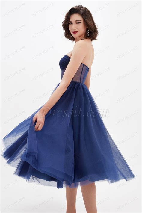 Navy Blue Corset Polyester Bone Tulle Cocktail Dress 04210405 Edressit