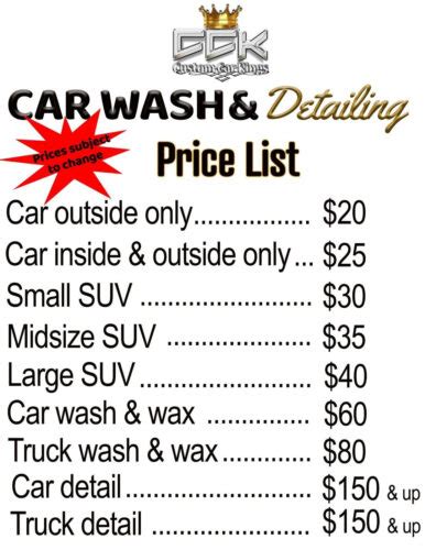 Printable Car Wash Price List Template