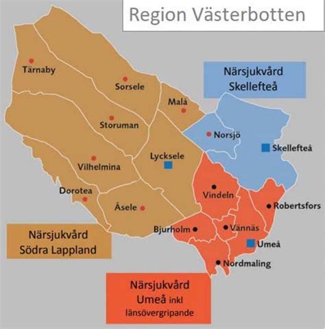 Map of the municipalities in Västerbotten divided into healthcare ...