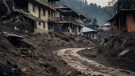 Premium Photo A Photo Of A Landslide In A Rural Village Damaged Buildings