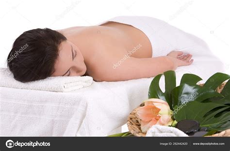 Beautiful Brunette Lying Massage Table Ready Her Treatment Stock Photo By YAYImages 262442420
