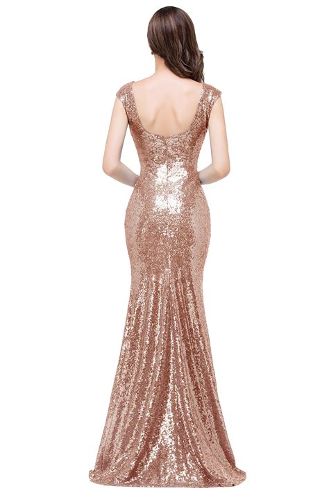 MisShow Women Long Rose Gold Bridesmaid Dress Sparkly Sequins Prom