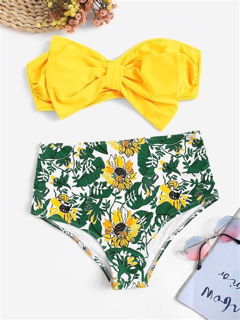 Bow Bandeau With Random Floral High Waist Bikini Bikinis Floral