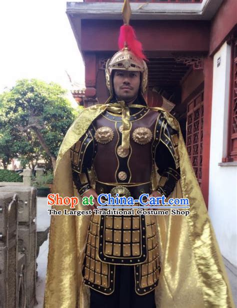 Chinese Traditional Qin Dynasty General Costumes Ancient Warrior Helmet