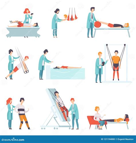 Flat Vector Set Of People Doing Rehabilitation Exercises With Their Doctors Clinic Of