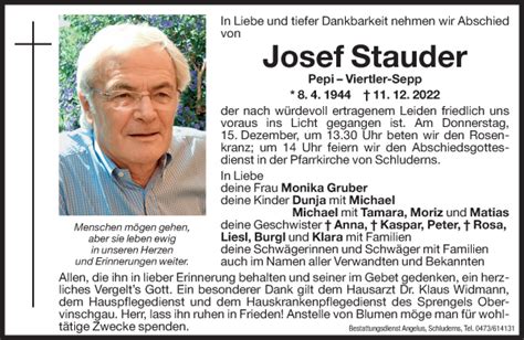 Traueranzeigen Von Josef Stauder Trauer Bz