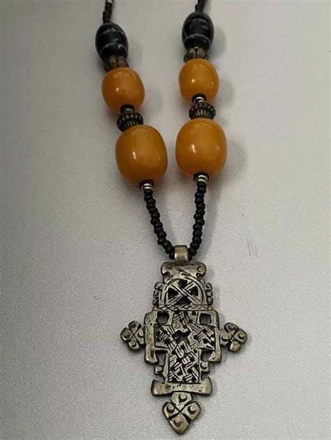 Vintage Ethiopian Coptic Cross Pendant Beaded Necklac Gem