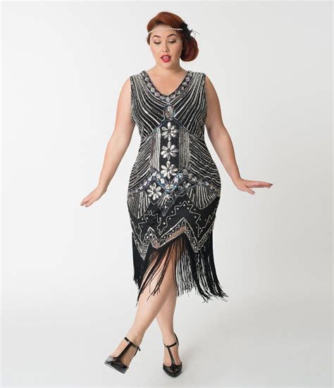 Unique Vintage Plus Size 1920s Deco Silver And Black Veronique Fringe Flapper Dress Vintage