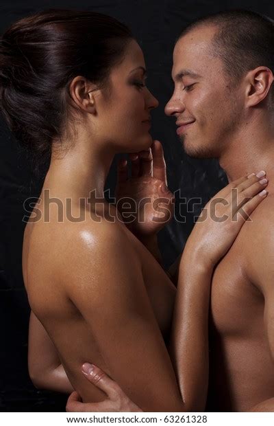 Loving Affectionate Nude Heterosexual Couple Shower Stock Photo