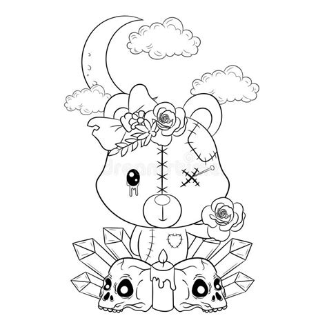 Creepy Kawaii Pastel Goth Teddy Bear Coloring Page Stock Vector