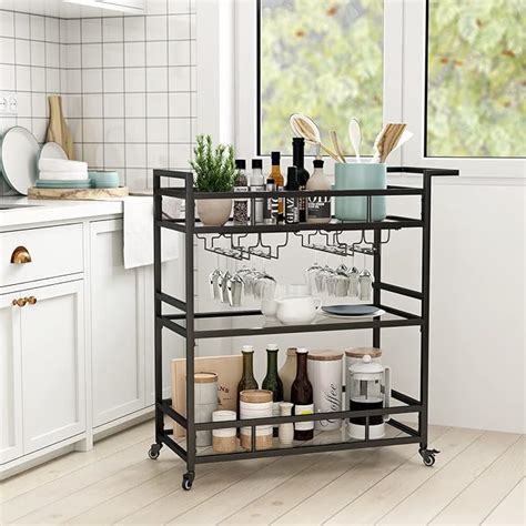 Lormiter Black Metal Bar Carts With 3 Tier Glass Shelves Rolling Serving Bar Cart