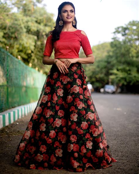 Red And Black Floral Printed Organza Skirt With Banarasi Crop Top Set