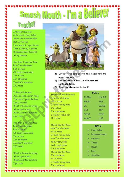 Song from the movie shrek: I´m a believer (smash mouth) and some exercices - ESL worksheet by ...