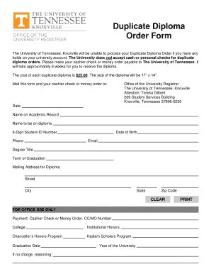 Fillable Online Registrar Utk Duplicate Diploma Order Form Utk