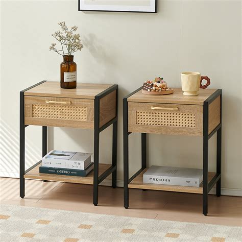 Miekor Furniture Set Of 2 15 74 Rattan End Table With Drawer Modern Nightstand Metal Legs